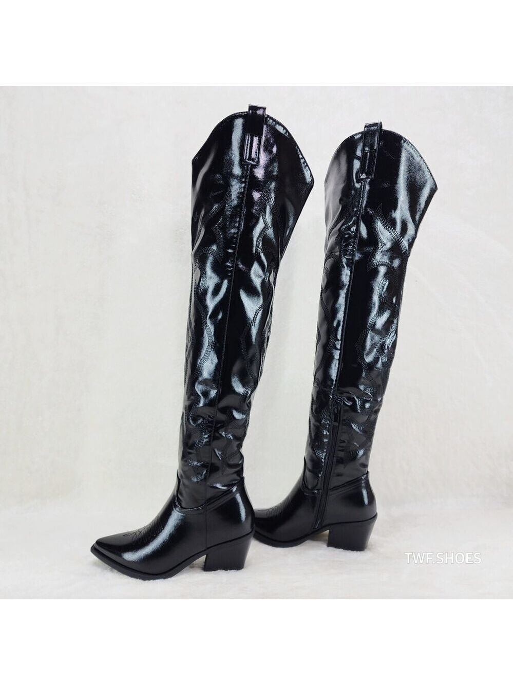 NIB Country Disco Cowboy Metallic Black Western Cowgirl OTK Thigh Boots